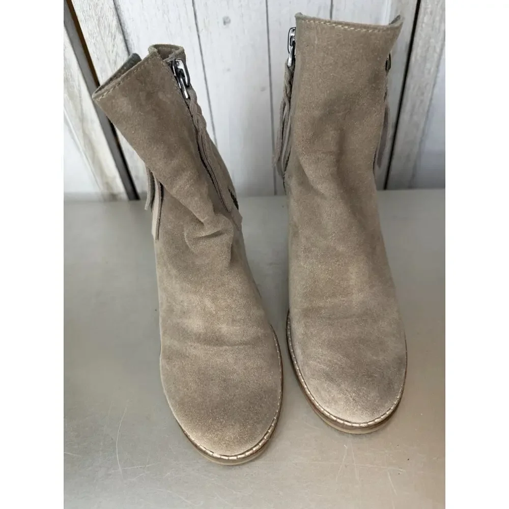 Dolce Vita Sutton Tan Suede Leather Ankle Boots Double Zip Stacked Heel 7.5